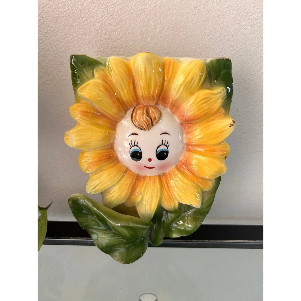 Vintage 1950s Anthropomorphic Sunflower Wall Pocket LARGE Made in Japan PY Miyao